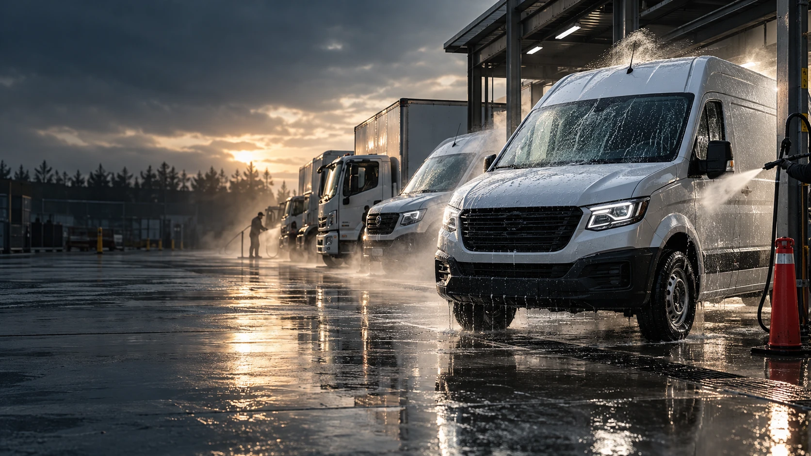 EDC3 crew washing a client's commercial van and truck fleet at a loading dock at sunrise